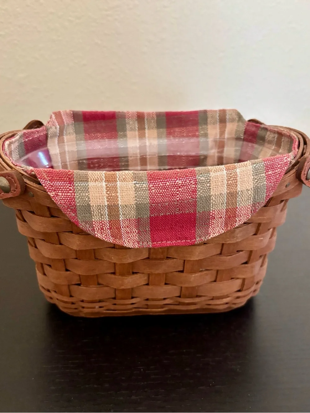 Longaberger Journal Basket, Orchard Park Plaid liner and Brown Leather Handles